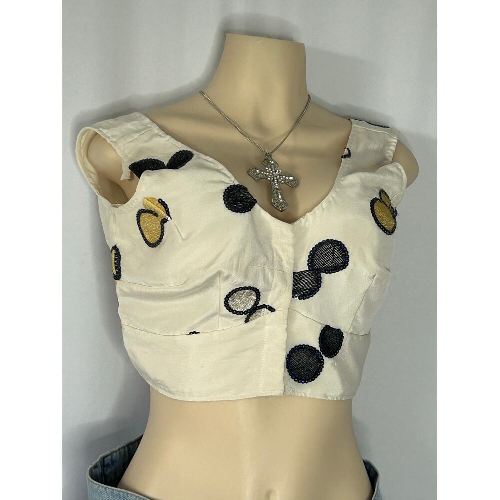 Vintage Style Ivory Beaded Crop Top Hook & Eye Corset Style Handmade
